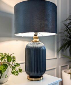 LAMPA STOŁOWA glamour metalowo-szklana z niebieskim kloszem 41cm