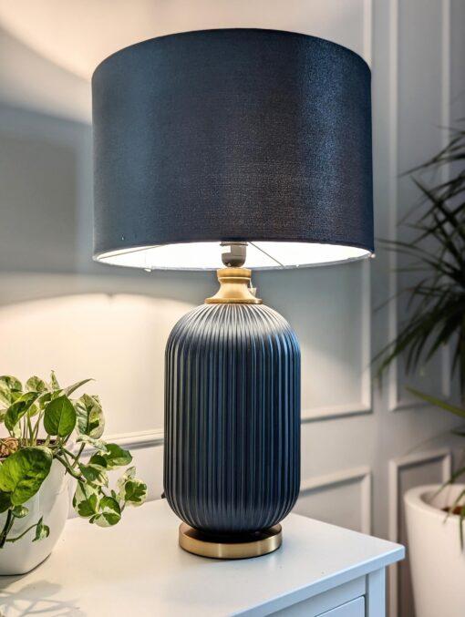 LAMPA STOŁOWA glamour metalowo-szklana z niebieskim kloszem 41cm