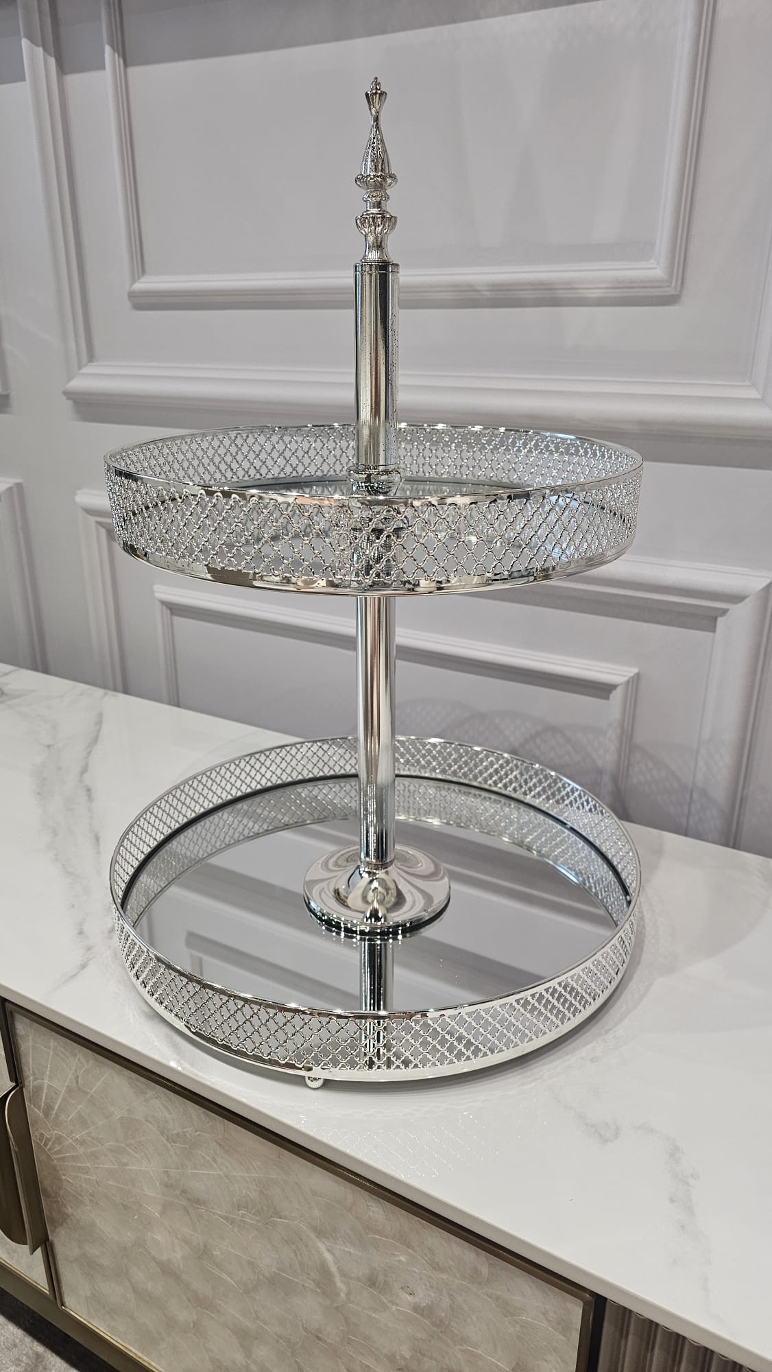 PATERA klasyczna dwupoziomowa metalowa w srebrnym kolorze, piękna