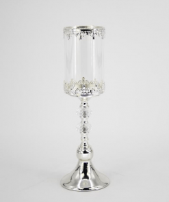 ŚWIECZNIK klasyczny srebrny metalowo-szklany dekoracyjny