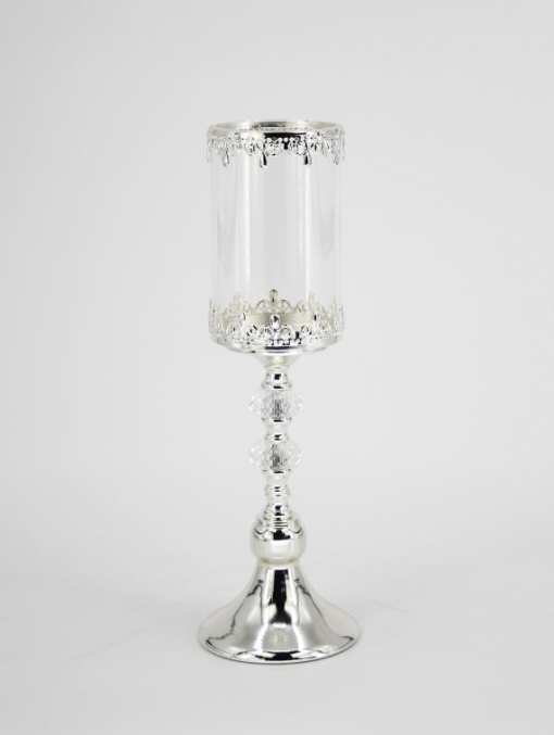 ŚWIECZNIK klasyczny srebrny metalowo-szklany dekoracyjny