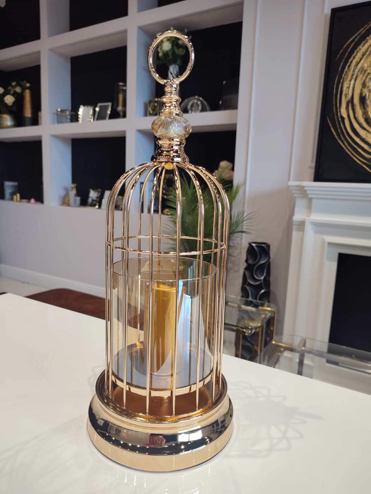 ŚWIECZNIK metalowo-szklany ze złotym wykończeniem art deco, wyjątkowy