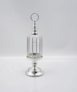ŚWIECZNIK metalowo-szklany ze srebrnym wykończeniem art deco37cm glamour