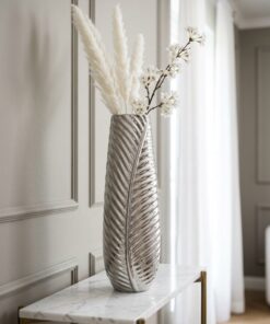 WAZON ceramiczny nowoczesny srebrny z wzorem palmy