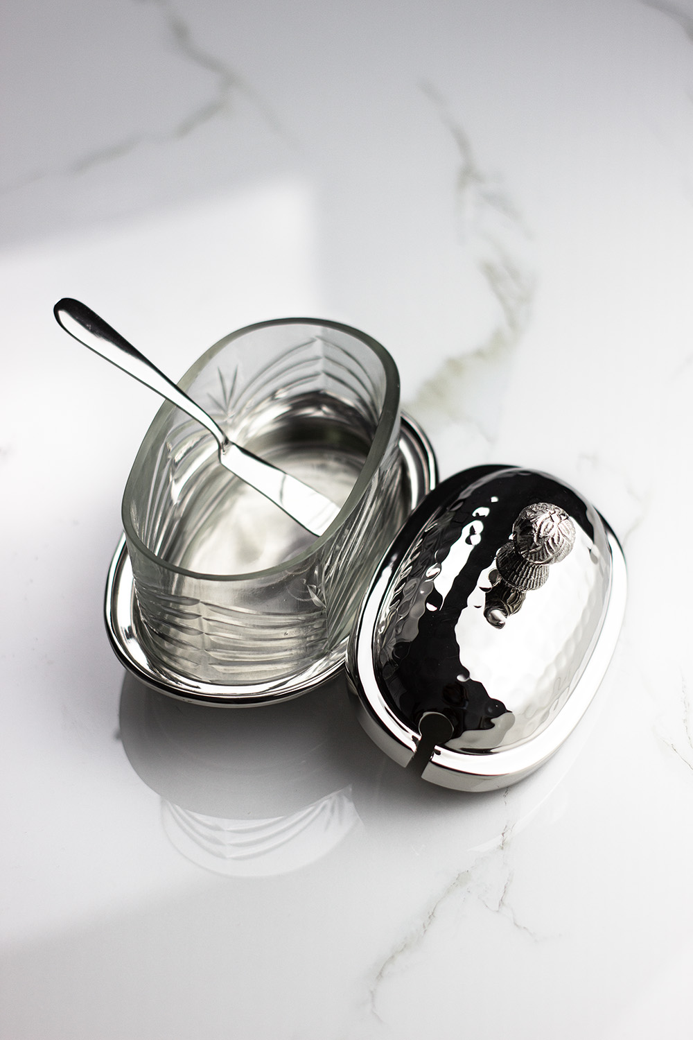 MASELNICZKA – CUKIERNICA z nożykiem srebrna z niklum, piękna