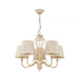LAMPA WISZĄCA pięciopunktowa kremowe abażury złote wykończenie styl klasyczny