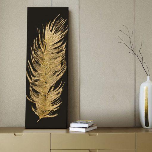 OBRAZ z elementami malowanymi ręcznie, złoty liść 30 x 90 cm złoty glamour