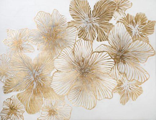 OBRAZ z elementami malowanymi ręcznie, Kwiaty 90 X 120 cm złoty, biały