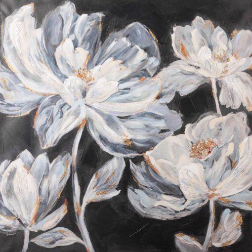 OBRAZ z elementami malowanymi ręcznie, Kwiaty 80 X 80 cm biały, czarny wzór 1