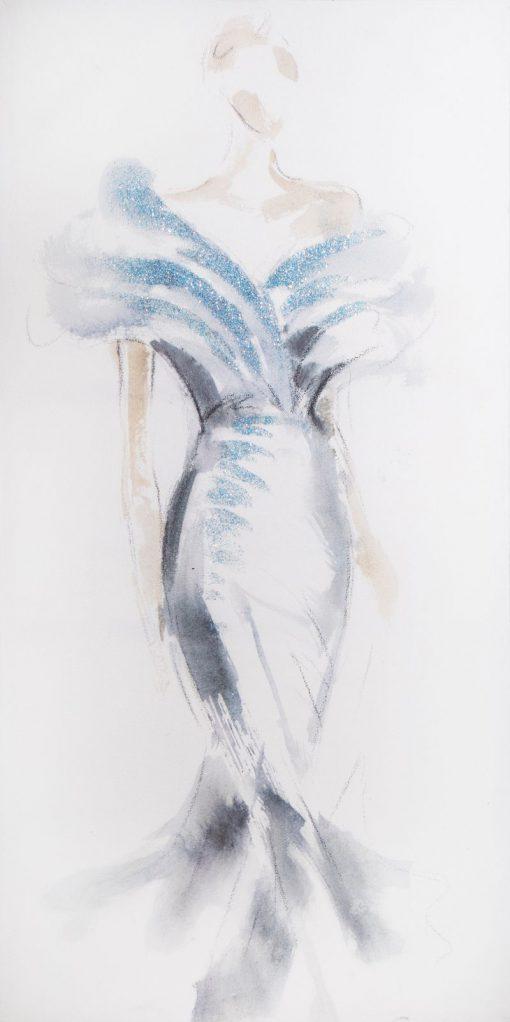 OBRAZ z elementami malowanymi ręcznie, Kobieta 60 x 120 cm jasny, biały, niebieski