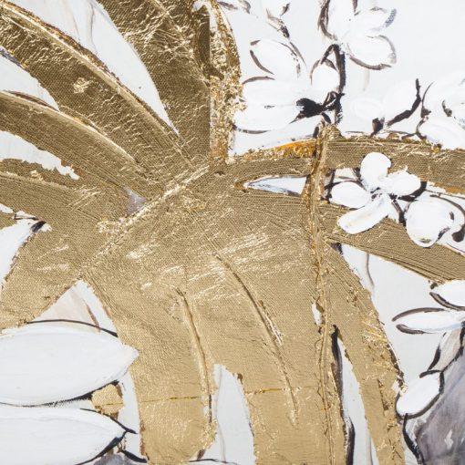 OBRAZ z elementami malowanymi ręcznie, Liście 100 x 100 cm stałowy, złoty, szary elegancki