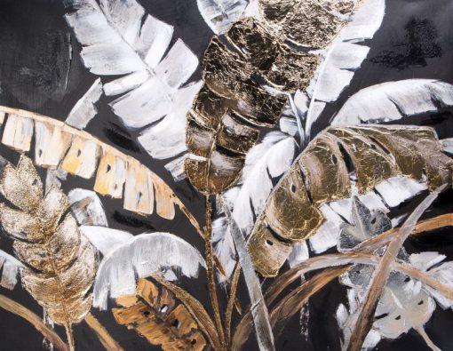 OBRAZ z elementami malowanymi ręcznie, Liście 80 x 100 cm czarny, brązowy, biały