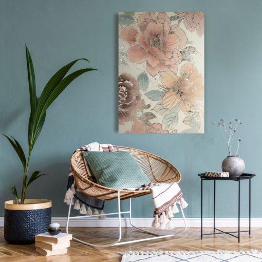 OBRAZ z elementami malowanymi ręcznie, Kwiaty 90 X 120 cm wielokolorowy, różowy nowoczesny