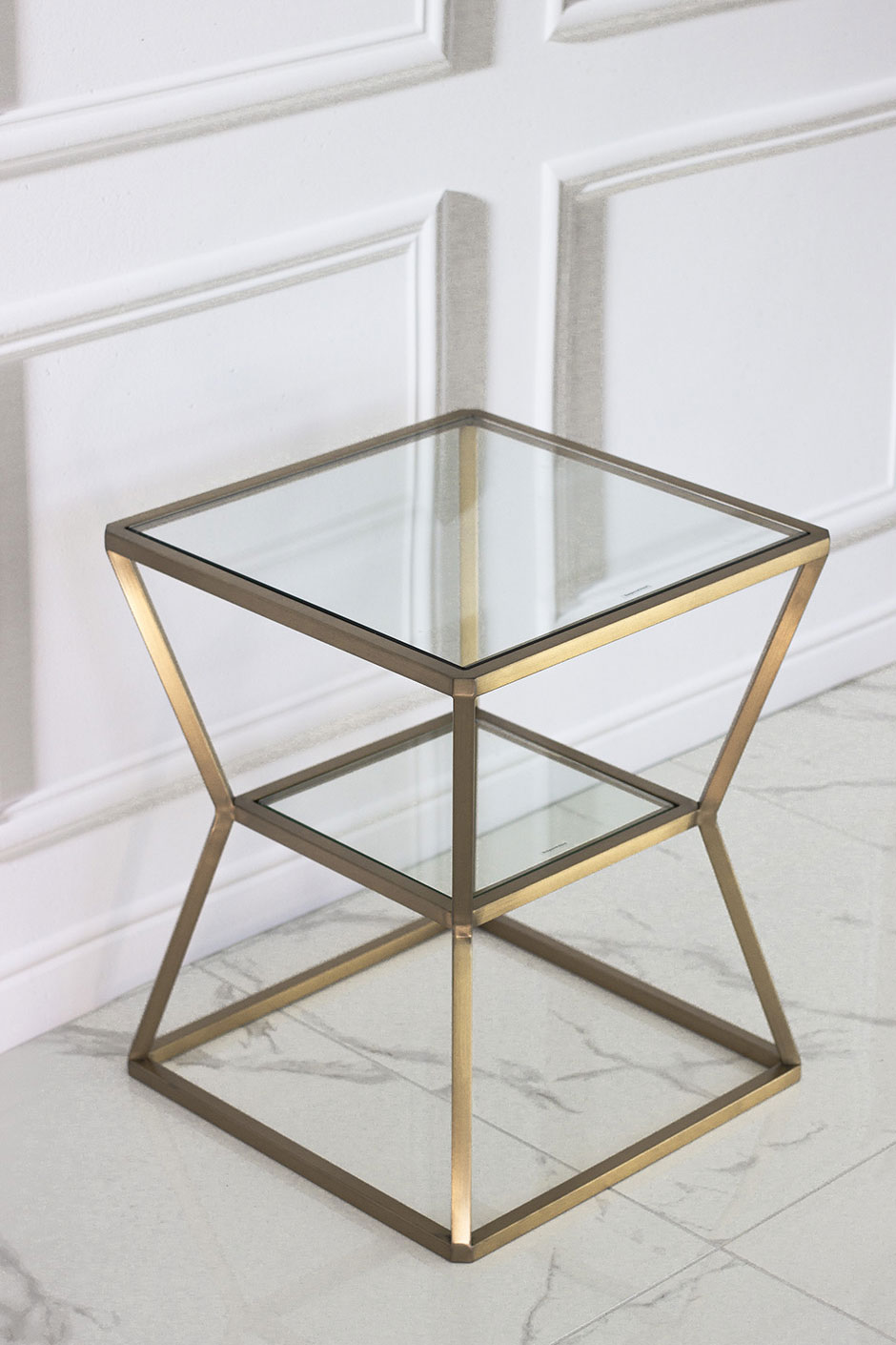 STOLIK POMOCNICZY BELMONT dwupoziomowy złoto szklany styl nowoczesny, piękny