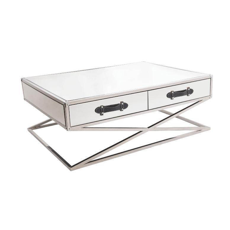 STOLIK KAWOWY VOYAGE srebrny z szufladą i detalem z ekoskóry styl modern classic STOLIK KAWOWY VOYAGE srebrny z szufladą i detalem z ekoskóry styl modern classic