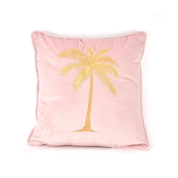 PODUSZKA różowego aksamitu ze złotą palmą 40x40 cm