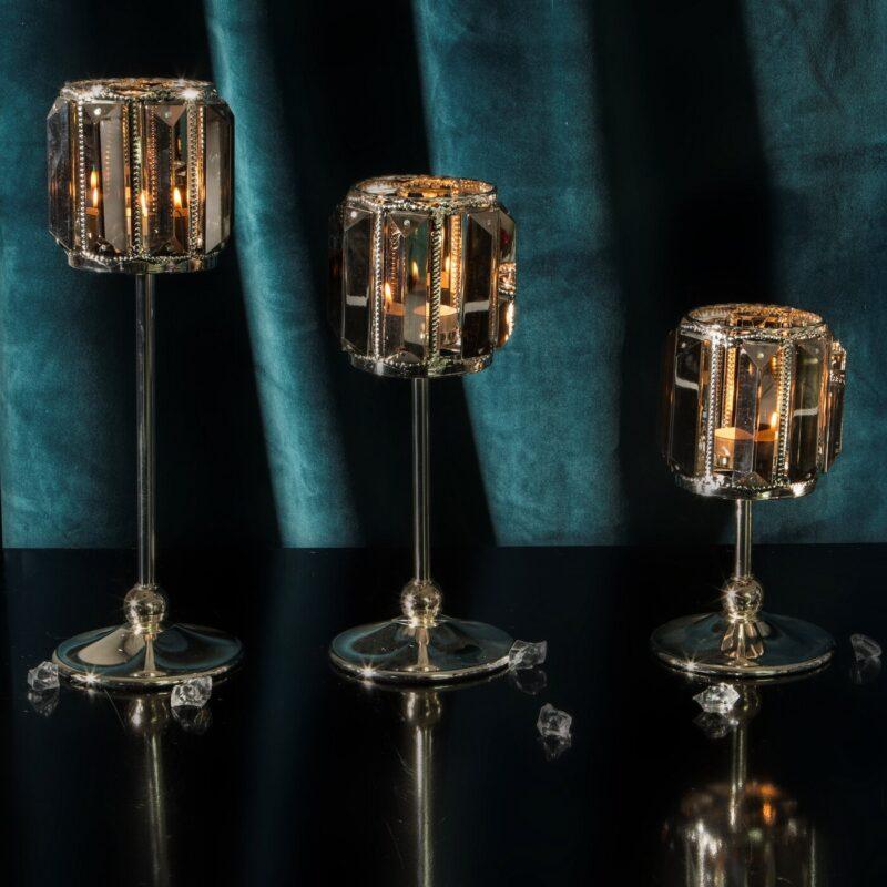 ŚWIECZNIK RONI metalowy srebrny z kryształami styl glamour