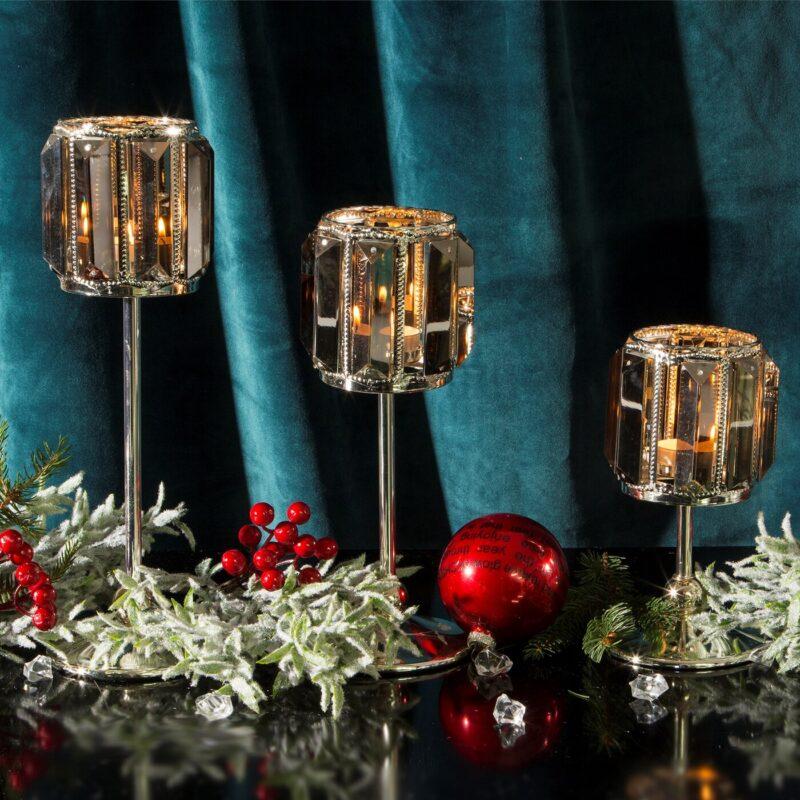 ŚWIECZNIK RONI metalowy srebrny z kryształami styl glamour2