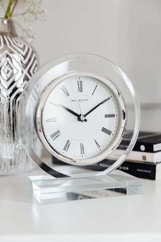 ZEGAR STOJĄCY okrągły ze szklaną transparentną ramką klasyczny brytyjski piękny