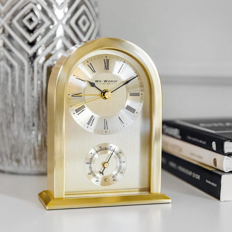 ZEGAR STOJĄCY złoty metalowy z termometrem klasyczny ZEGAR STOJĄCY złoty metalowy z termometrem klasyczny brytyjski