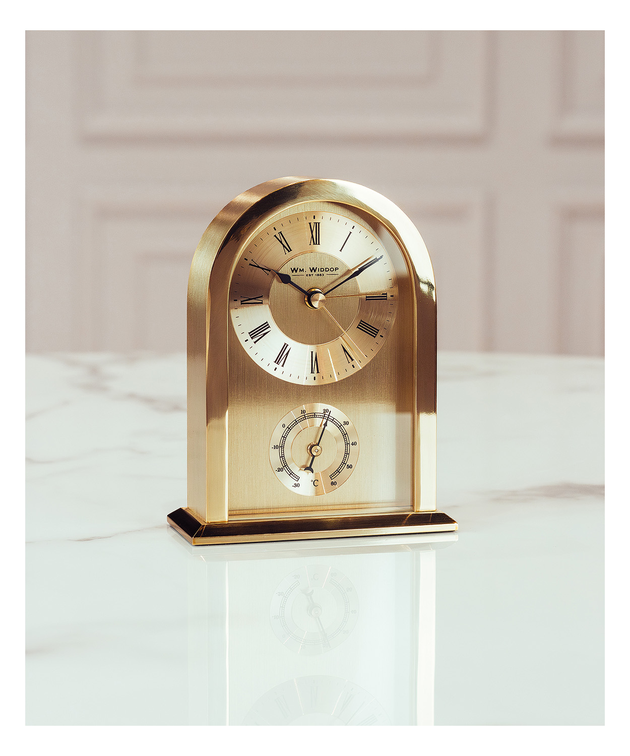 ZEGAR STOJĄCY złoty metalowy z termometrem klasyczny, ekskluzywny ZEGAR STOJĄCY złoty metalowy z termometrem klasyczny, ekskluzywny