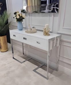 KONSOLA prostokątna srebrne wykończenie – seria Espiro Silver styl glamour – biała