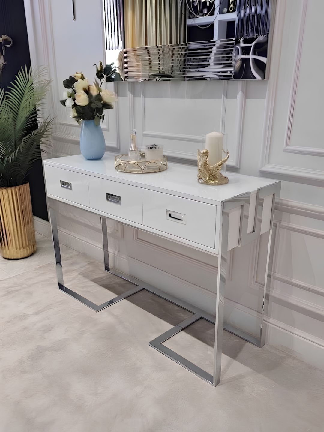 KONSOLA prostokątna srebrne wykończenie – seria Espiro Silver styl glamour – biała
