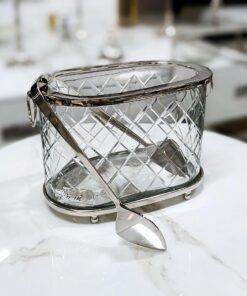 COOLER szklany owalny ze srebrnymi elementami i szczypcami glamour