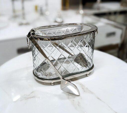 COOLER szklany owalny ze srebrnymi elementami i szczypcami glamour