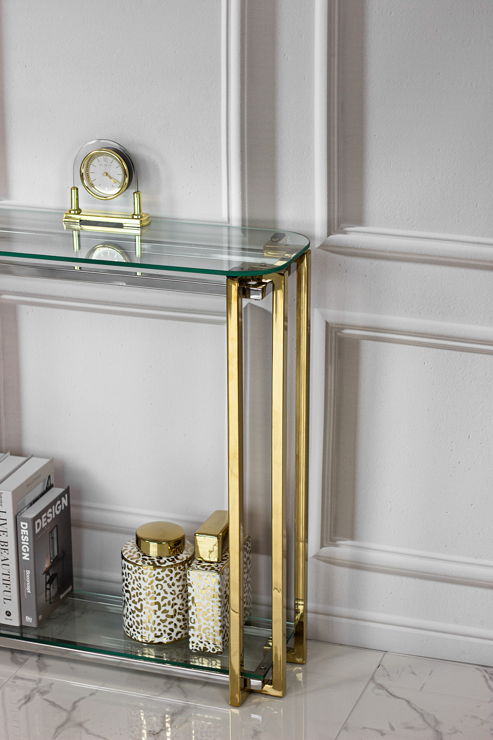 KONSOLA Elisse złoto szklana wąska szklany blat glamour 80 cm, na korytarz KONSOLA Elisse złoto szklana wąska szklany blat glamour 80 cm, na korytarz