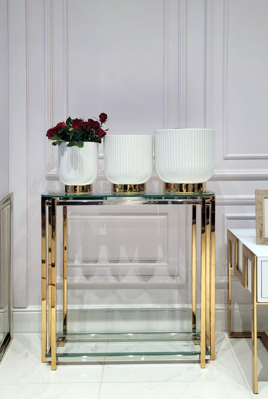 KONSOLA Elisse złoto szklana wąska szklany blat glamour 80 cm KONSOLA Elisse złoto szklana wąska szklany blat glamour 80 cm