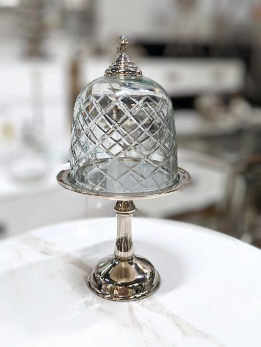 PATERA srebrna na nóżce ze sozdobną szklaną osłonką mała klasyczna