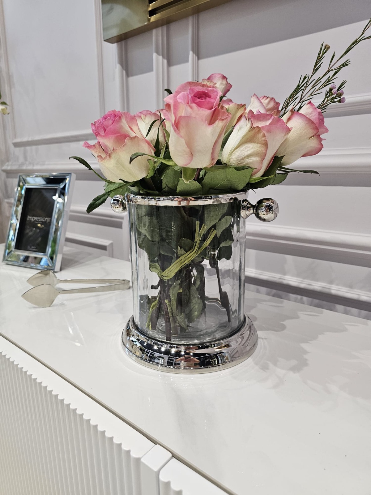 POJEMNIK NA LÓD COOLER szklany ze srebrnymi elementami glamour, premium