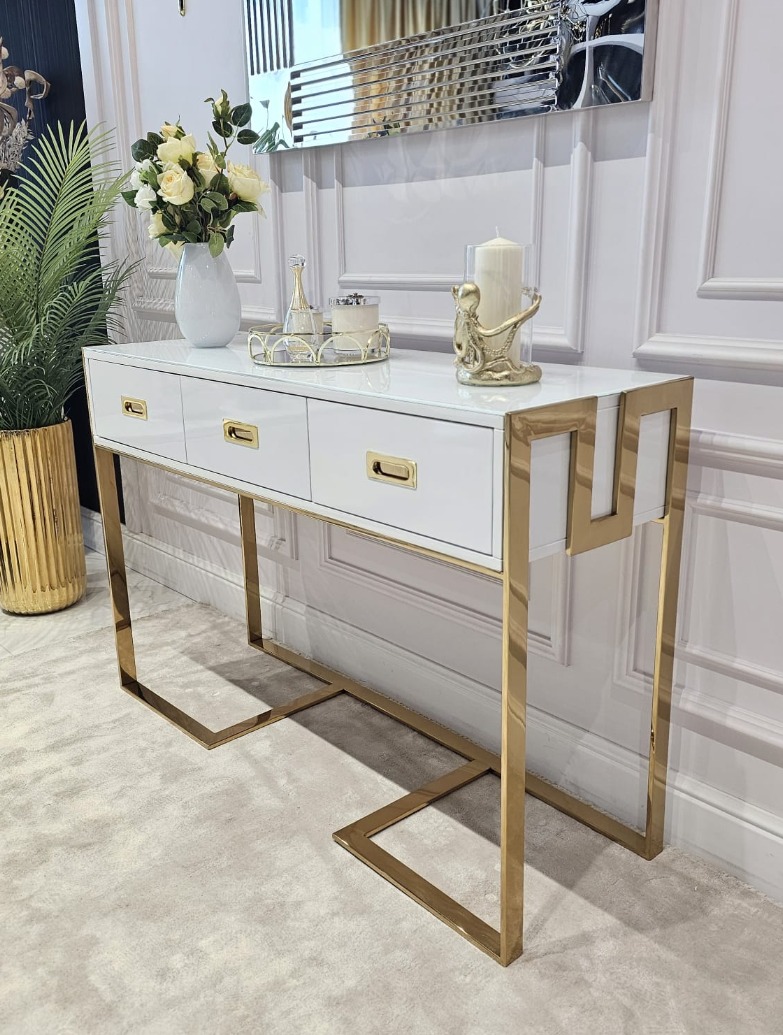 KONSOLA Esprio prostokątna biały blat złote błyszczące wykończenie styl glamour, premium