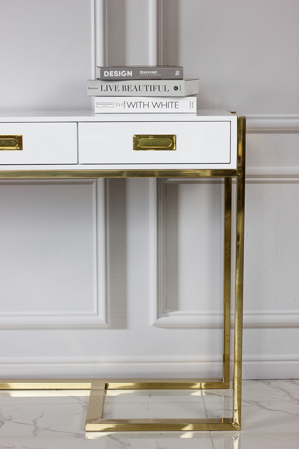 KONSOLA prostokątna biały blat złote wykończenie styl glamour, piękna