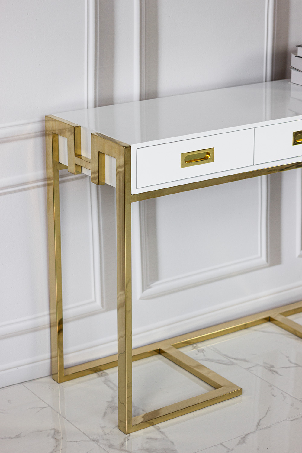 KONSOLA prostokątna biały blat złote wykończenie styl glamour