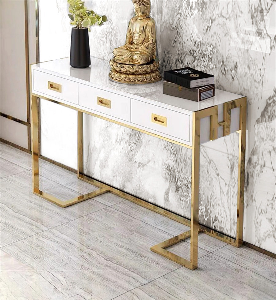 konsola-biało-złota-mdf-połysk-złoty-stelaż-trzyy-szuflady-do-salonu