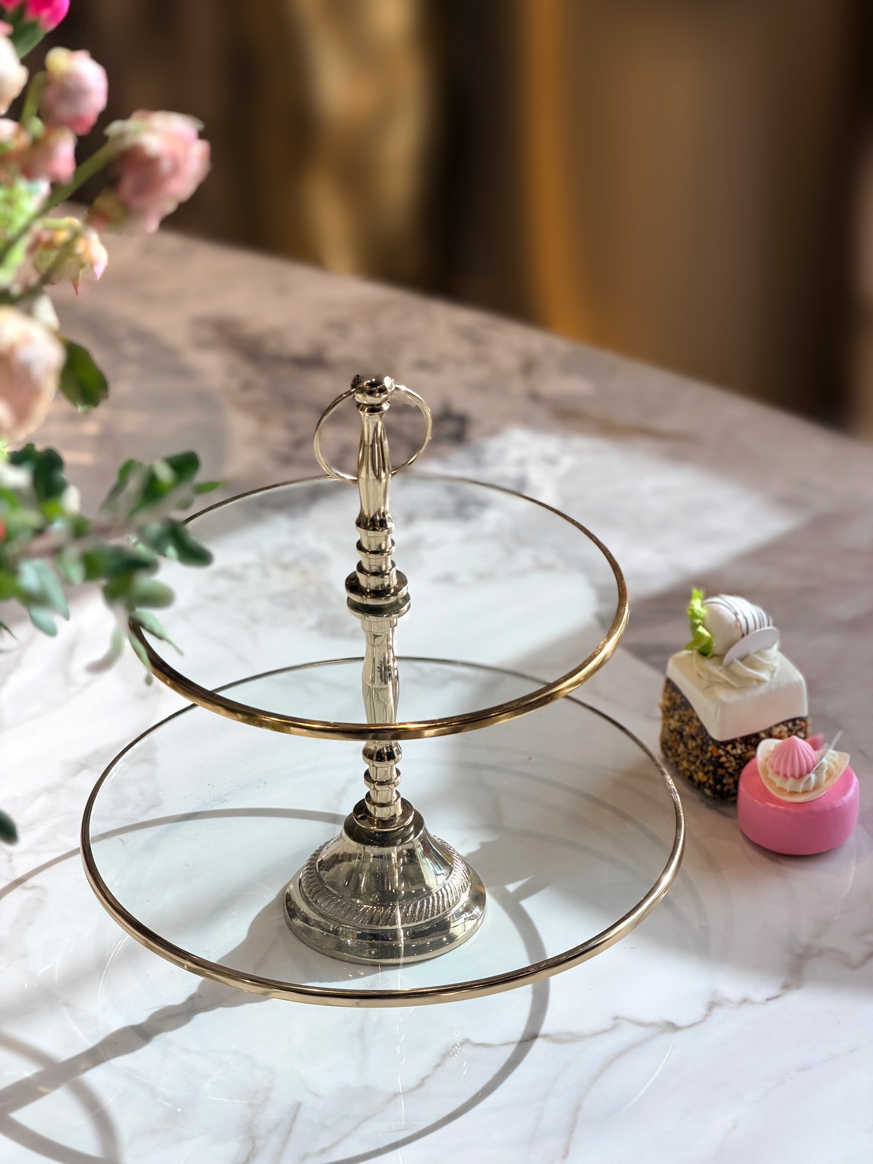 PATERA podwójna, okrągła, złote wykończenia, szklana