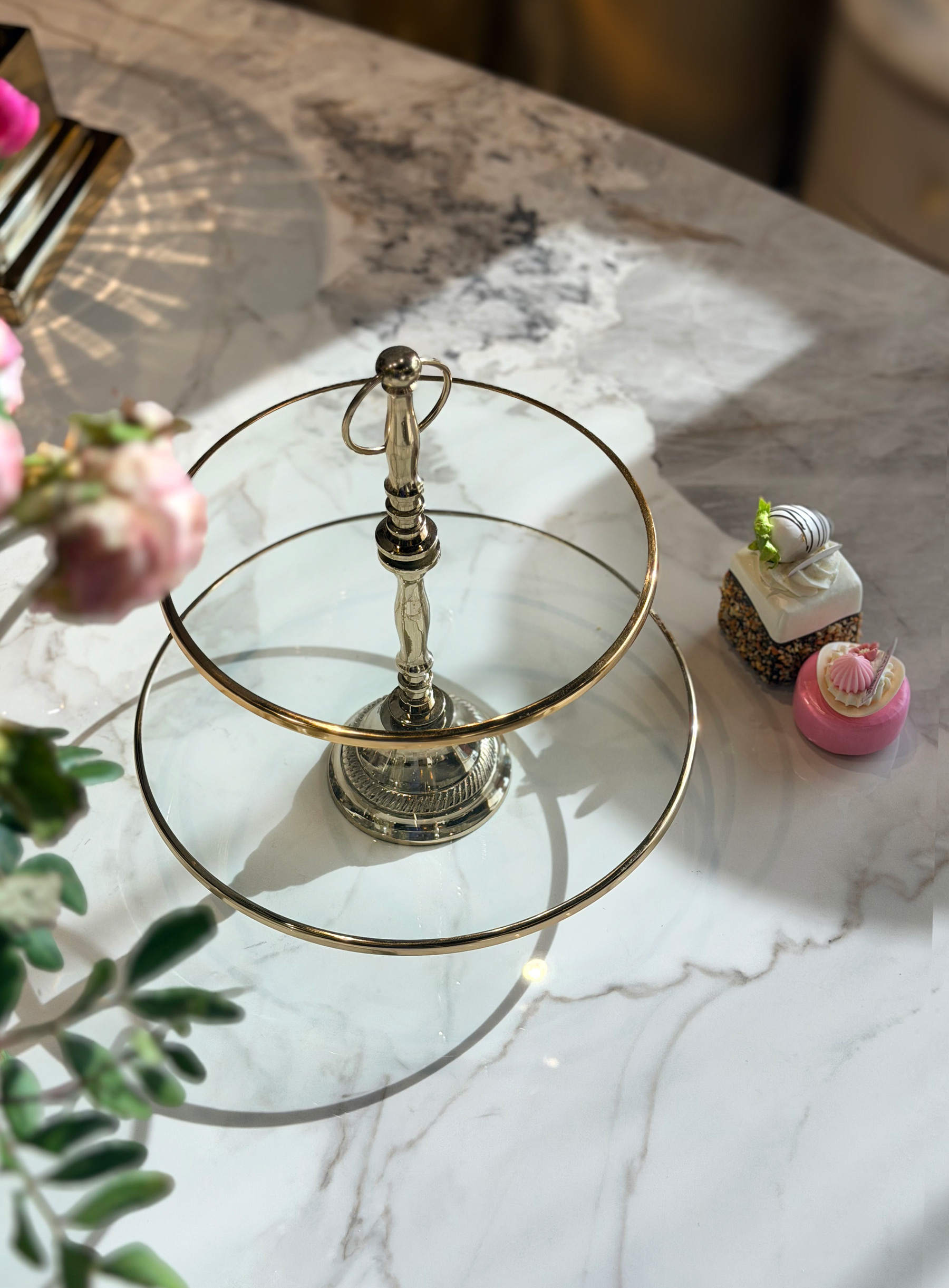 PATERA podwójna, okrągła, złote wykończenia, szklana, piękna