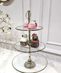 PATERA potrójna, okrągła, złote wykończenia, szklana, duża