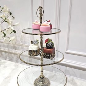 PATERA potrójna, okrągła, złote wykończenia, szklana, duża