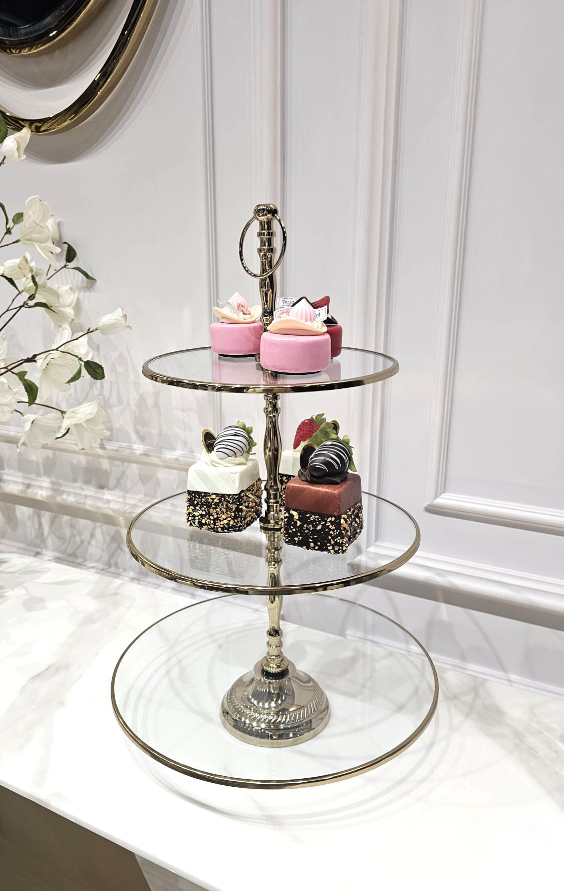 PATERA potrójna, okrągła, złote wykończenia, szklana, duża