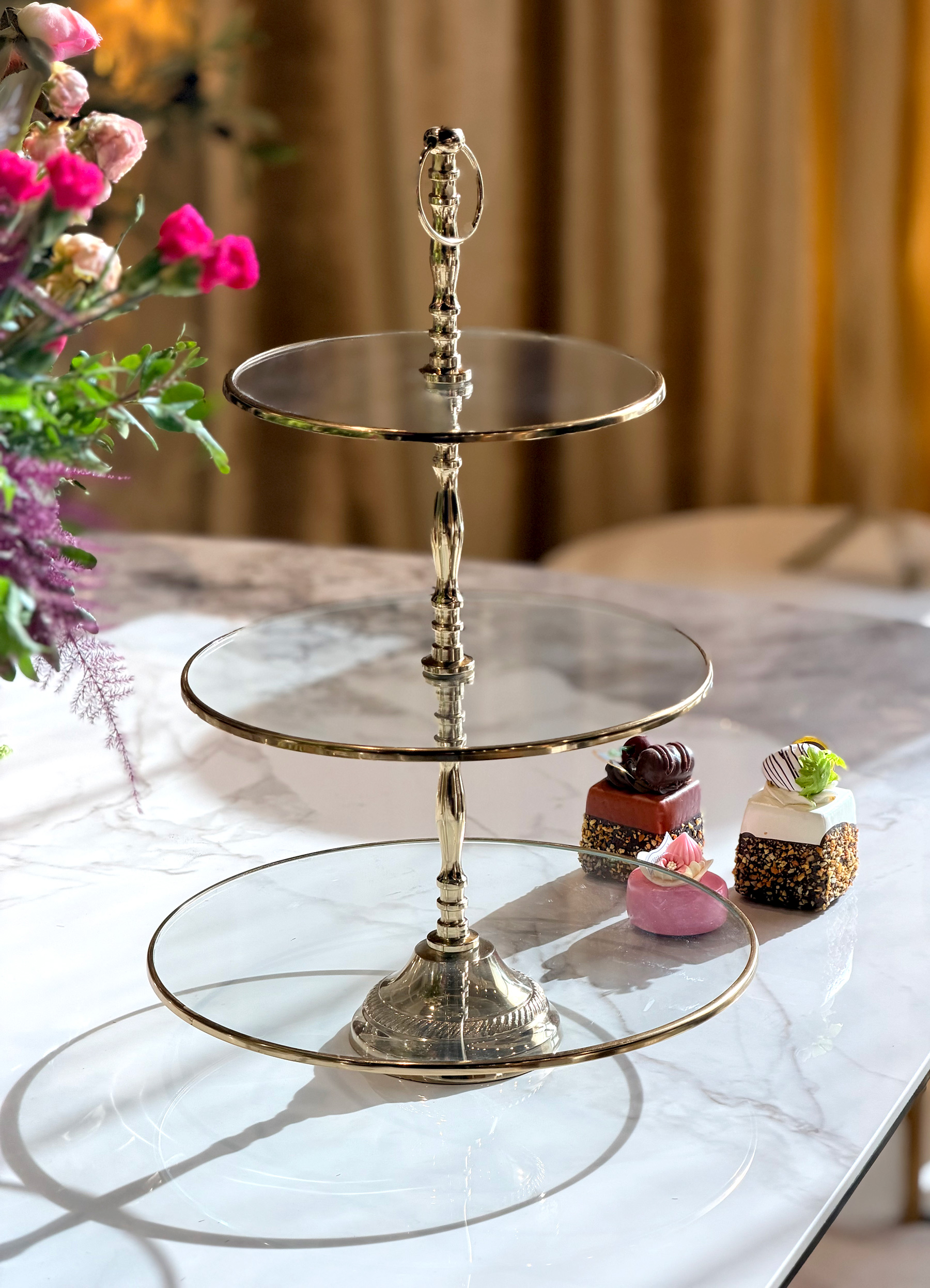 PATERA potrójna, okrągła, złote wykończenia, szklana, duża