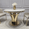 STÓŁ złoty okrągły Amelie do jadalni, unikatowy kształt podstawy, blat - konglomerat marmurowy, glamour, ekskluzywny STÓŁ złoty okrągły Amelie do jadalni, unikatowy kształt podstawy, blat - konglomerat marmurowy, glamour, ekskluzywny