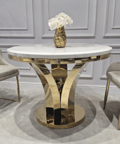 STÓŁ złoty okrągły Amelie do jadalni, unikatowy kształt podstawy, blat - konglomerat marmurowy, glamour, ekskluzywny