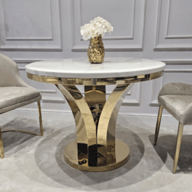 STÓŁ złoty okrągły Amelie do jadalni, unikatowy kształt podstawy, blat - konglomerat marmurowy, glamour, ekskluzywny