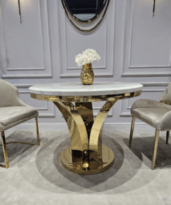 STÓŁ złoty okrągły Amelie do jadalni, unikatowy kształt podstawy, blat - konglomerat marmurowy, glamour, piękny