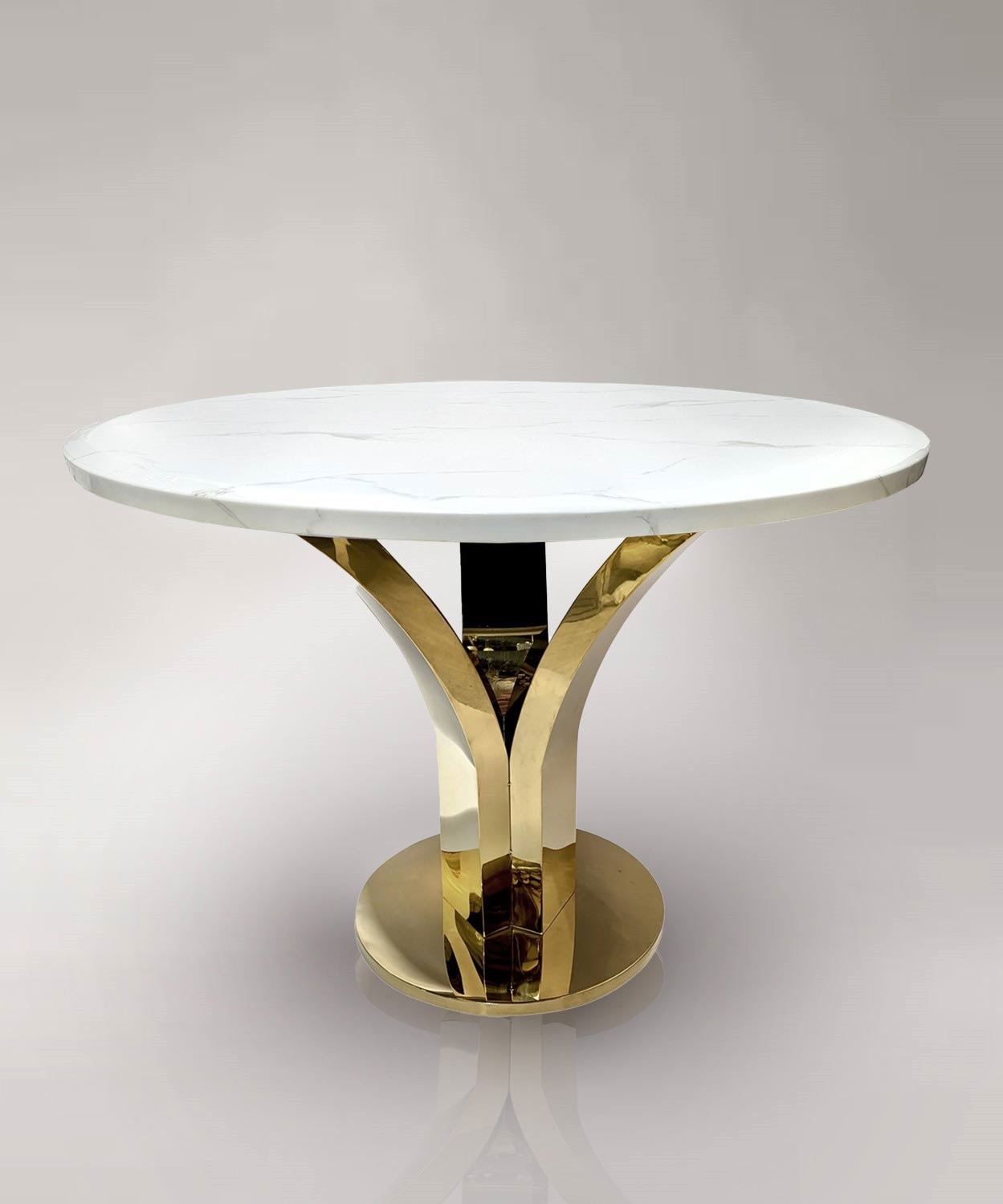 STÓŁ złoty okrągły do jadalni, unikatowy kształt podstawy, blat - konglomerat marmurowy, glamour, biały blat STÓŁ złoty okrągły do jadalni, unikatowy kształt podstawy, blat - konglomerat marmurowy, glamour, biały blat