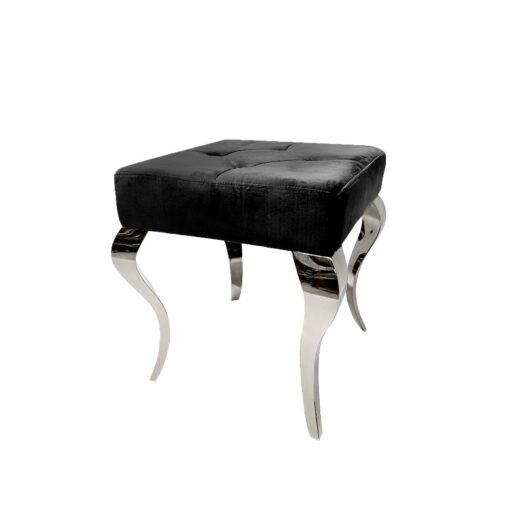 TABORET tapicerowany, pikowany, srebrne nogi, stal nierdzewna, glamour, czarny