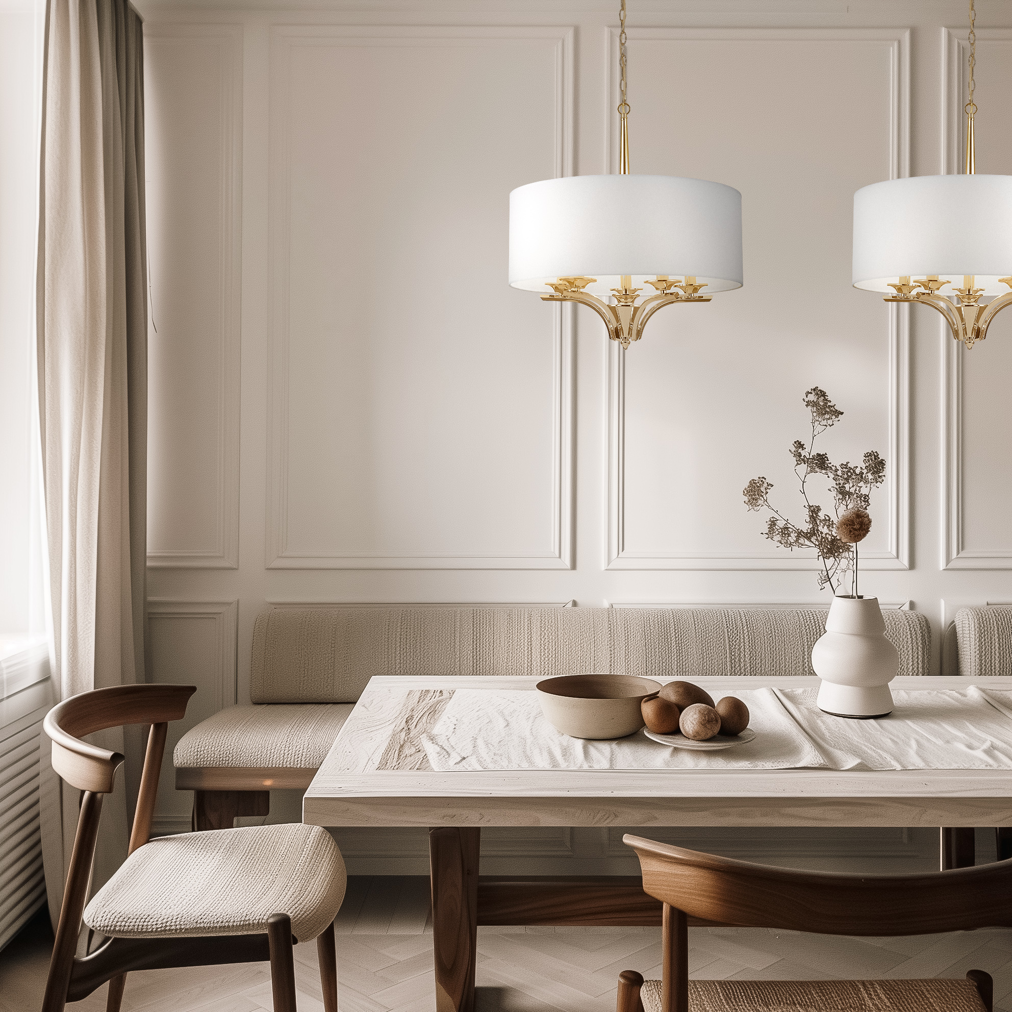 LAMPA WISZĄCA Atlanta okrągła z białym abażurem, złote detale, styl klasyczny, ekskluzywna